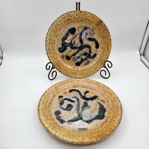 Set of 2 Studio Stoneware Pottery Art Plates Glazed 8.5 inches